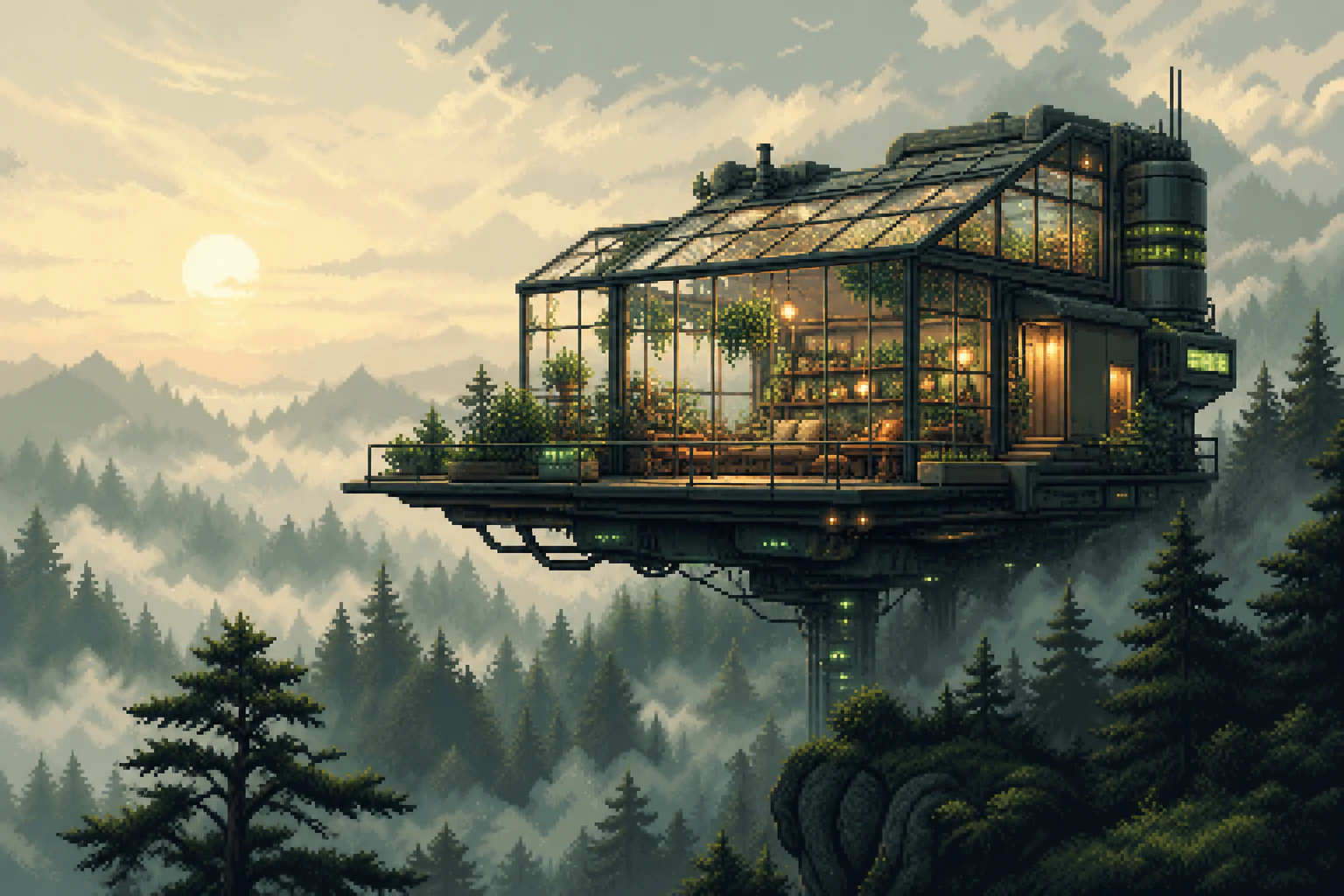 Pixel-art glass studio floating above a misty forest