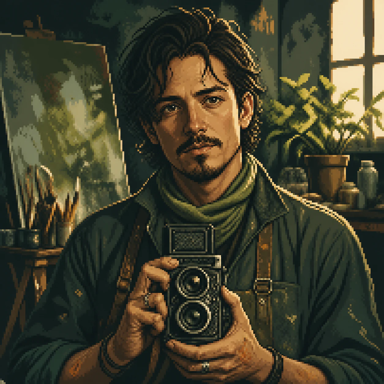 Pixel-art portrait of a visual artist holding a twin-lens camera
