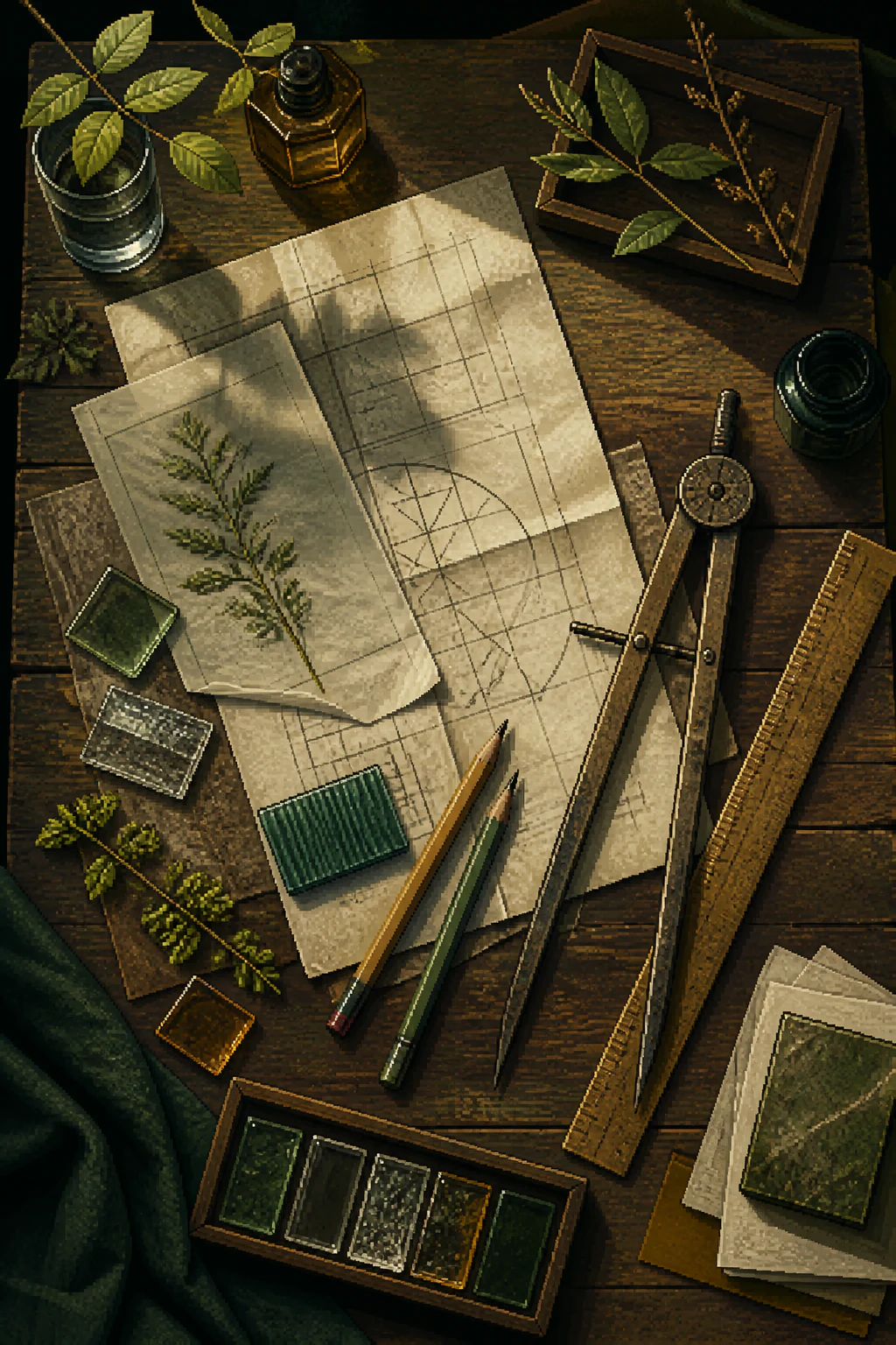 Pixel-art drafting tools and botanical studies on a studio workbench