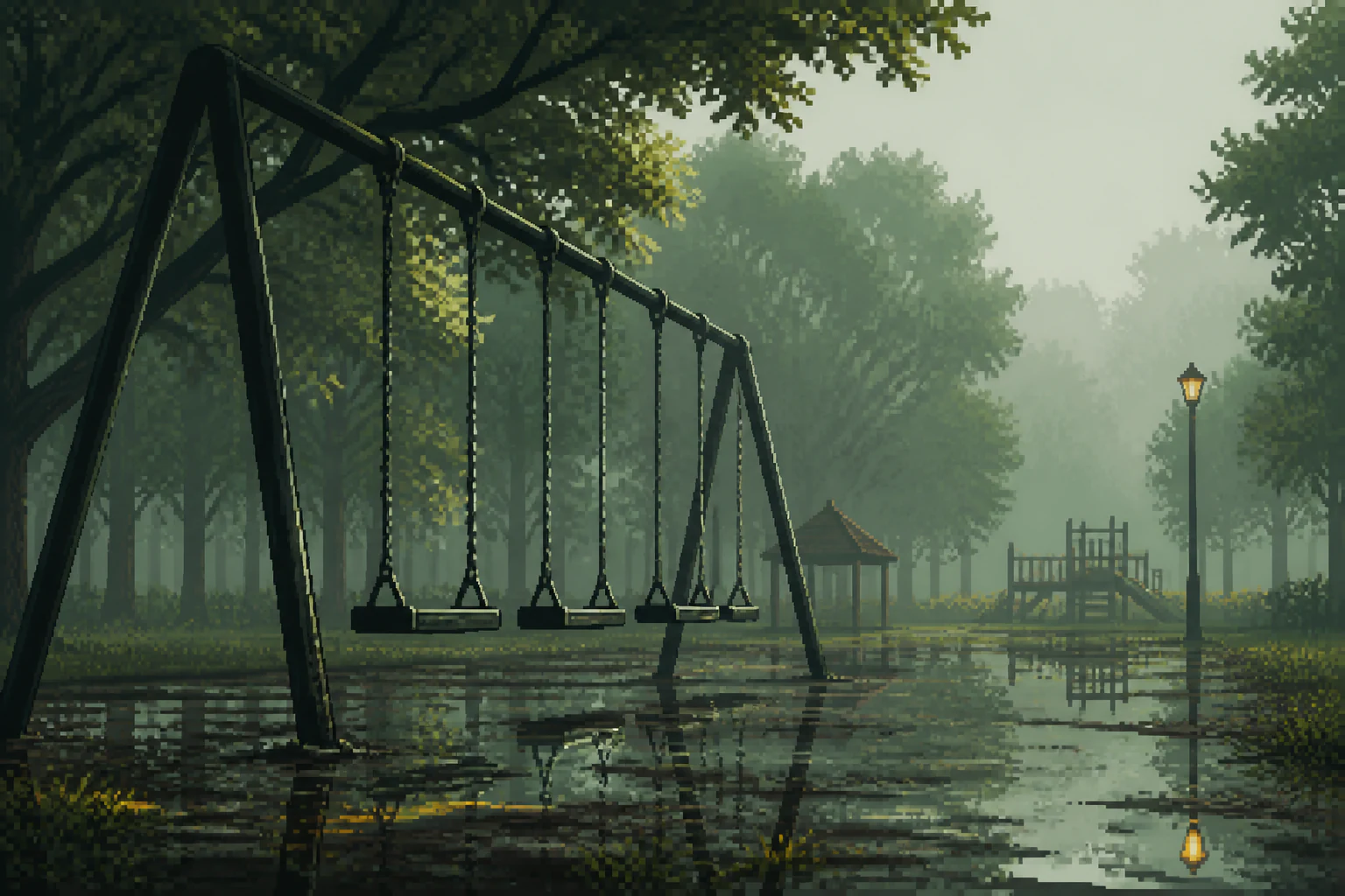Pixel-art empty playground swings reflected in rainwater